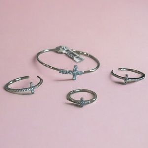 Bracelet/Earrings/Ring w/ Cross, UGC, Silver Plated w/ Pave CZ Crosses